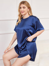 [Blu Scuro] SilkSilky-IT Seta pura Maniche Corte Round Neck Pigiami da donna taglia grossa 004