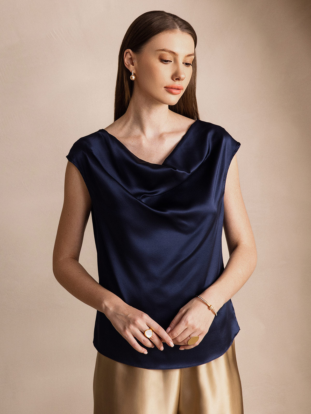 [Blu Scuro] SilkSilky-IT 19Momme Seta Collo drappeggiato Magliette donna 001
