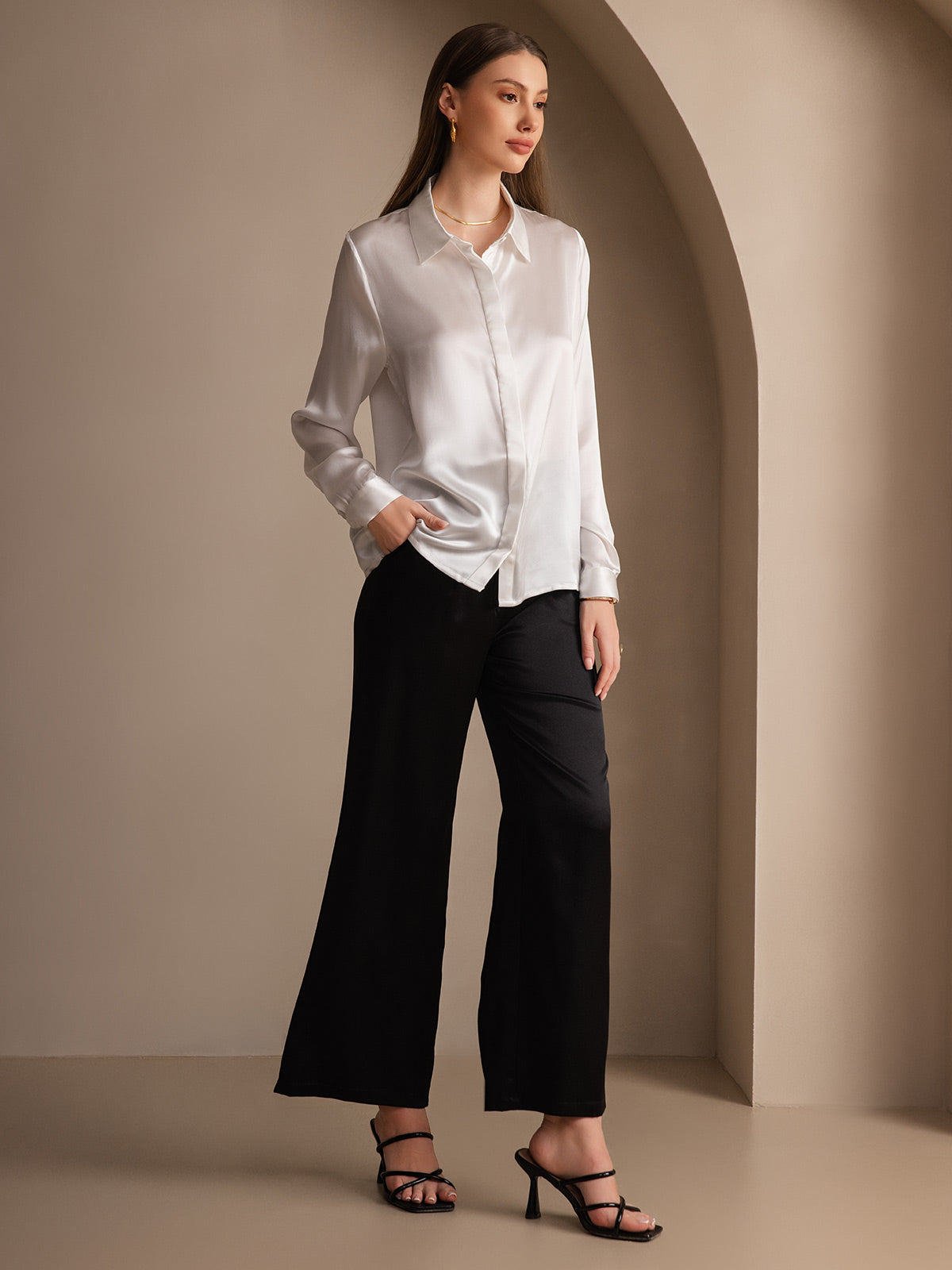 [Bianco] SilkSilky-IT 19Momme Seta Lapel Collar Camicie da donna 008