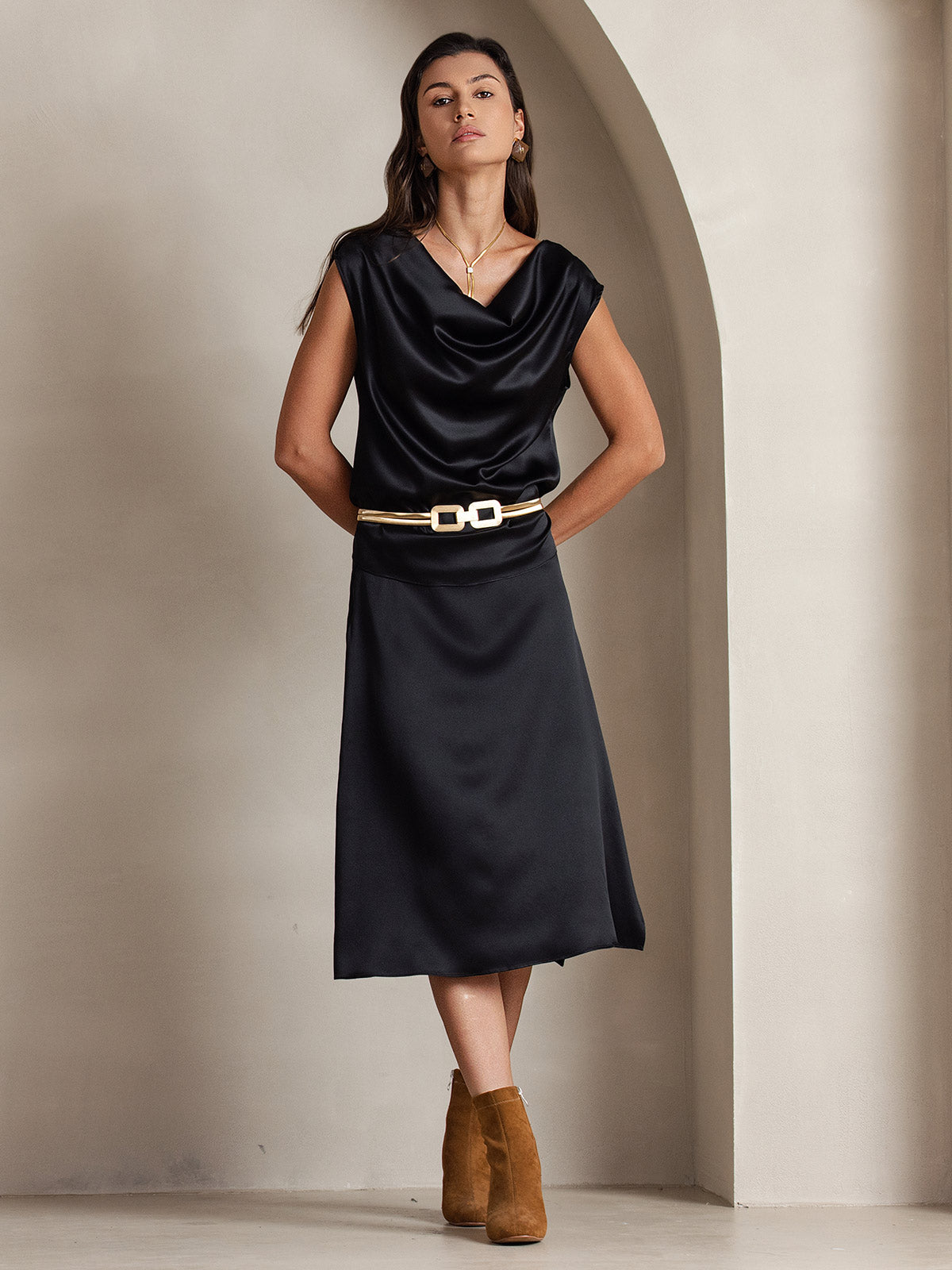 [Nero] SilkSilky-IT 19Momme Seta Collo drappeggiato Magliette donna 005