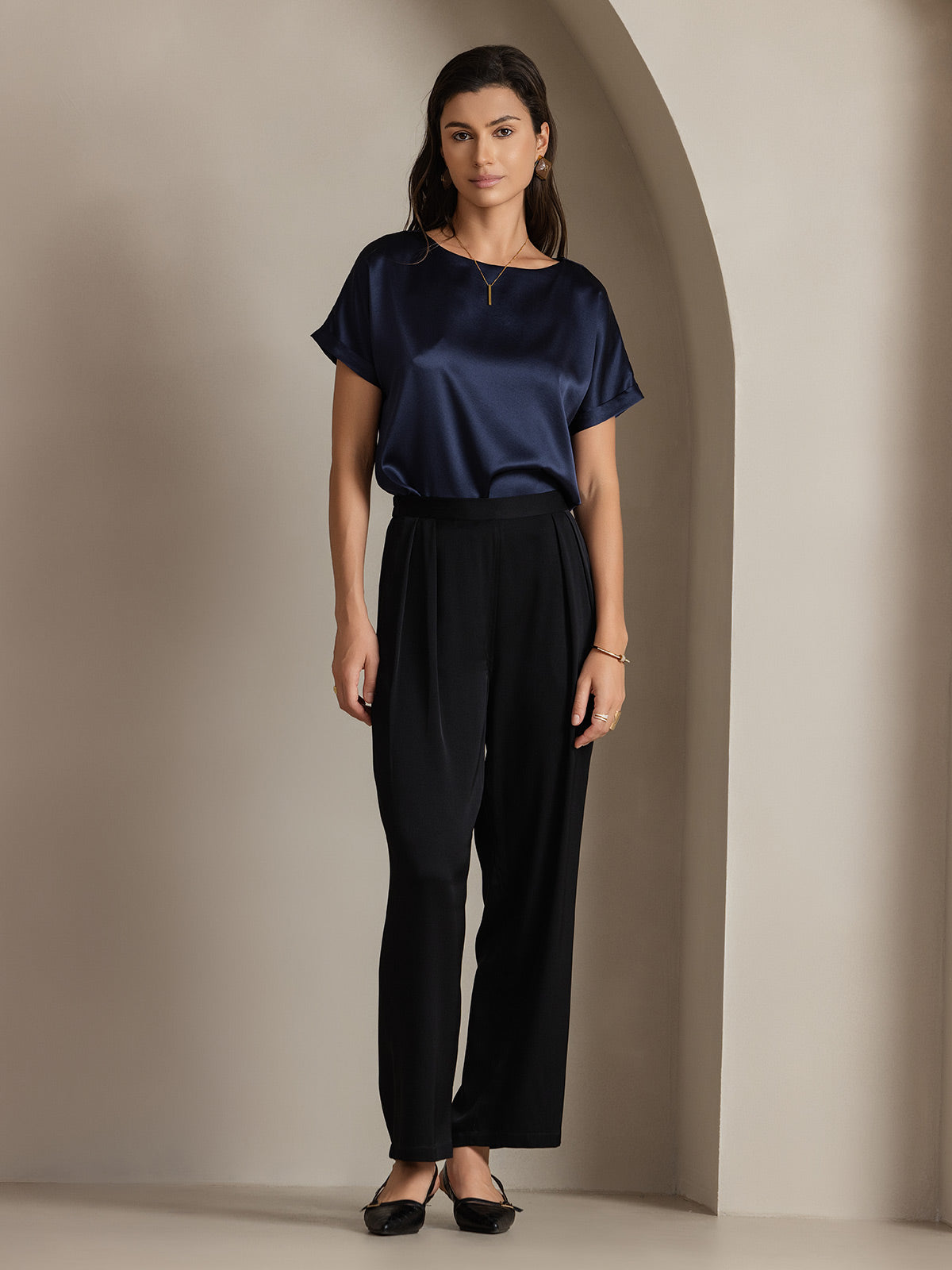 [Blu Scuro] SilkSilky-IT 19Momme Seta Womens T-Shirt 005,