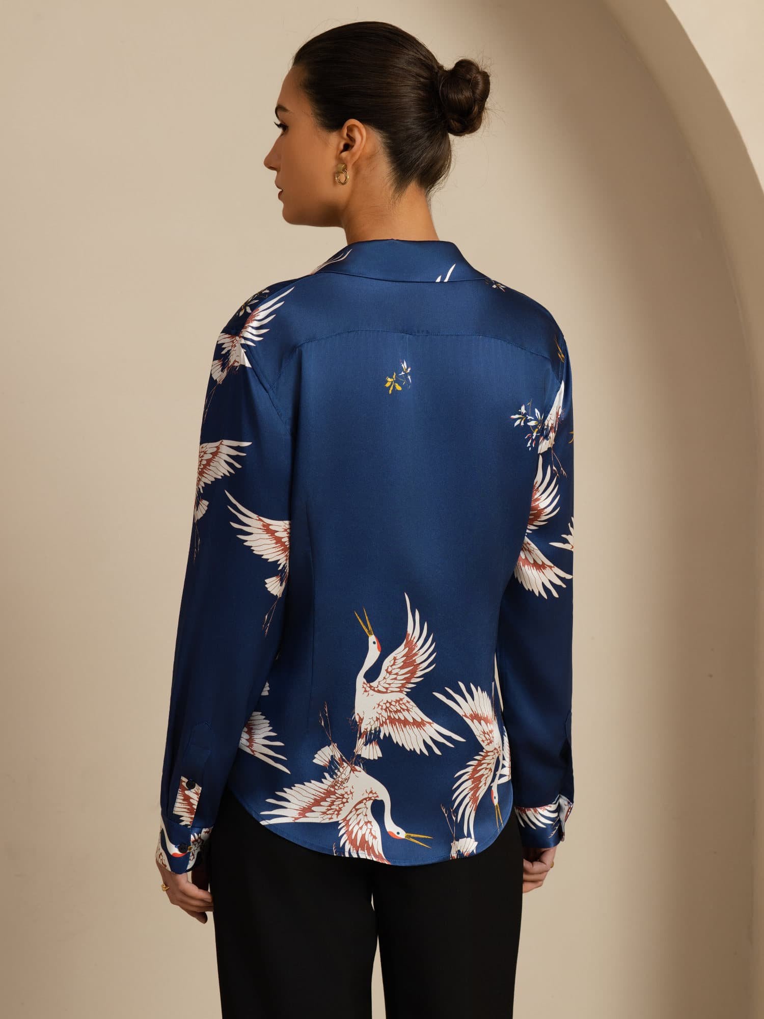 [Blu Scuro] SilkSilky-IT 19Momme Manica lunga Colletto con Revers Camicie da donna 002