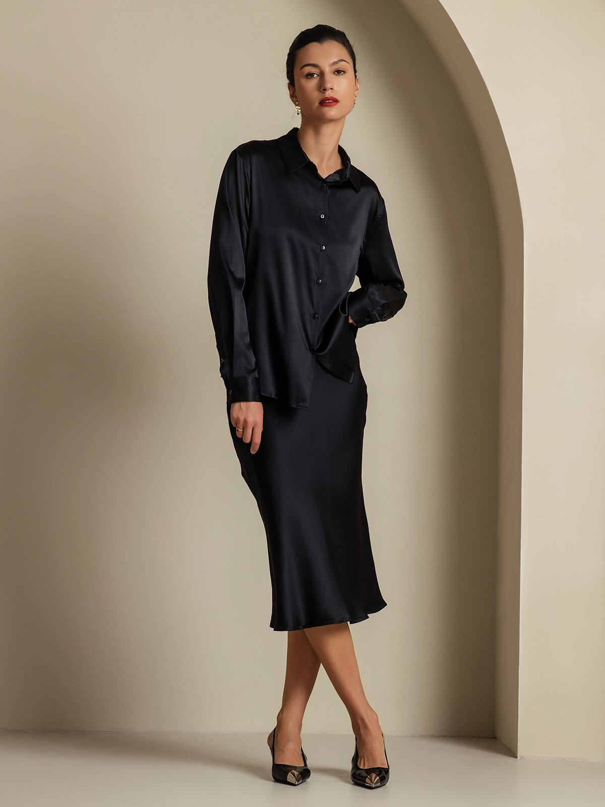 [Nero] SilkSilky-IT 19Momme Seta Colletto risvolto Women''s Outfit Sets 001,