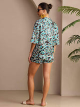 [Botanico Teal] SilkSilky-IT Half Sleeve Lapel Collar Pigiami da donna 002