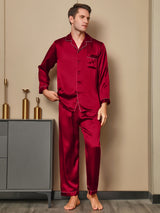 [Rosso] SilkSilky-IT Long Sleeve Lapel Collar Pigiami da uomo 003