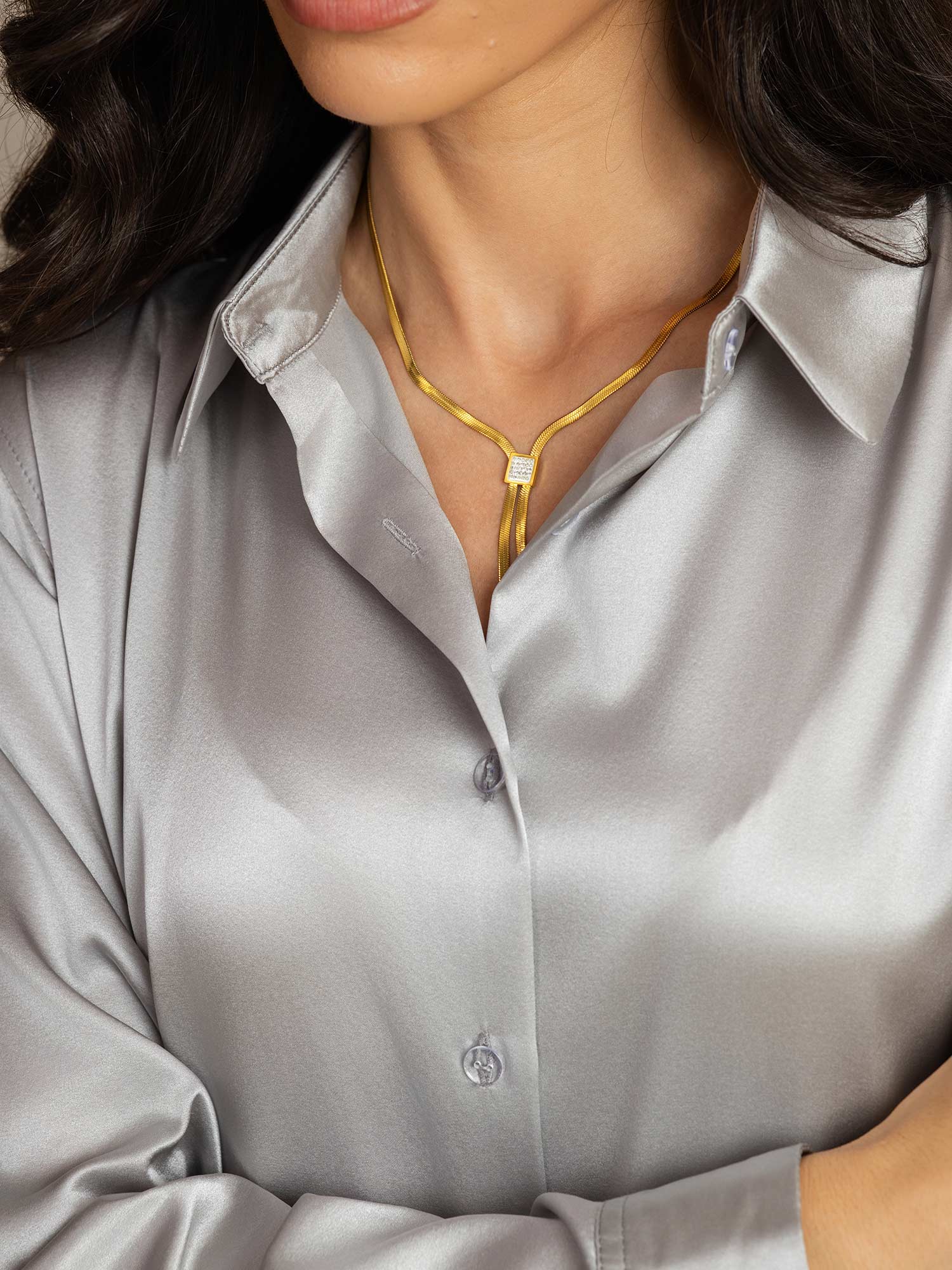 [Grigio Chiaro] SilkSilky-IT Seta Manica lunga Colletto risvolto Camicie da donna 006