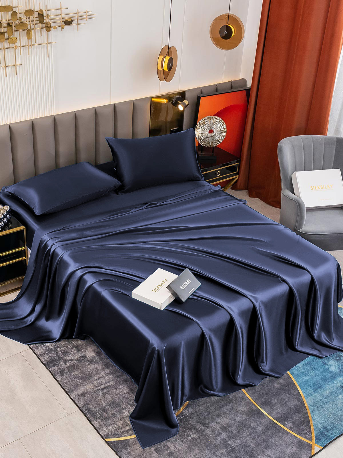 [Blu Scuro] SilkSilky-IT 19Momme Seta pura Bedding Set 001
