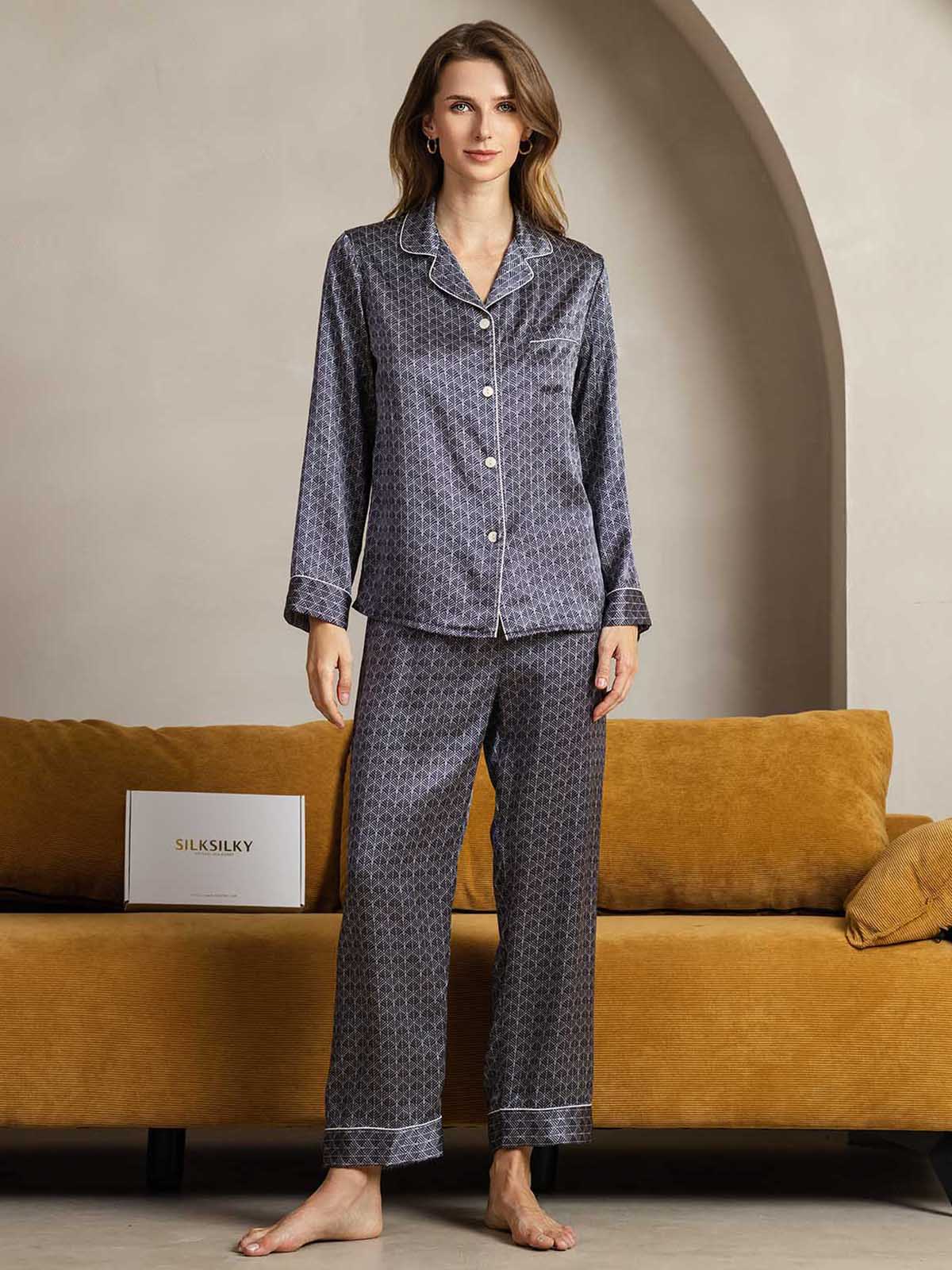 [Ginkgo Blu Navy] SilkSilky-IT Seta pura Womens Pajamas 001