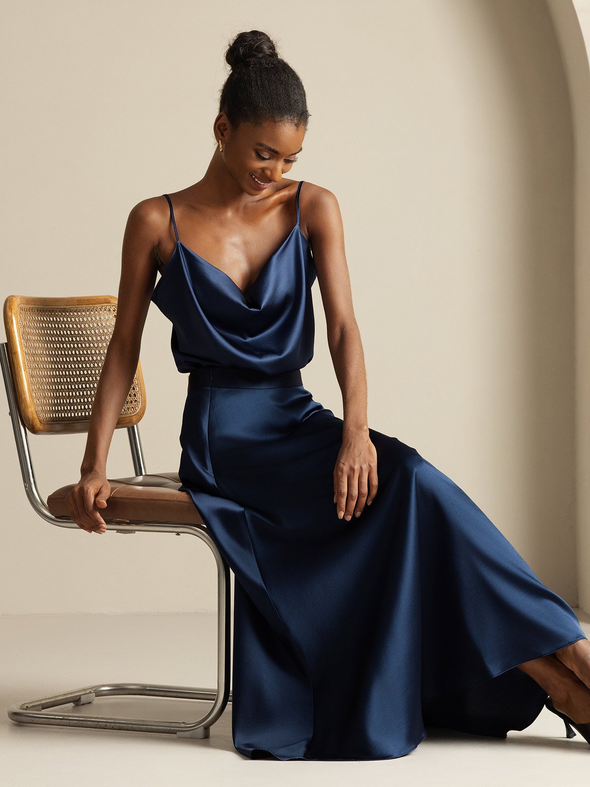 [Blu Scuro] SilkSilky-IT 19Momme Seta Collo drappeggiato Women''s Outfit Sets 008,