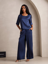 [Blu Scuro] SilkSilky-IT Half Sleeve Round Neck Pigiami da donna 006