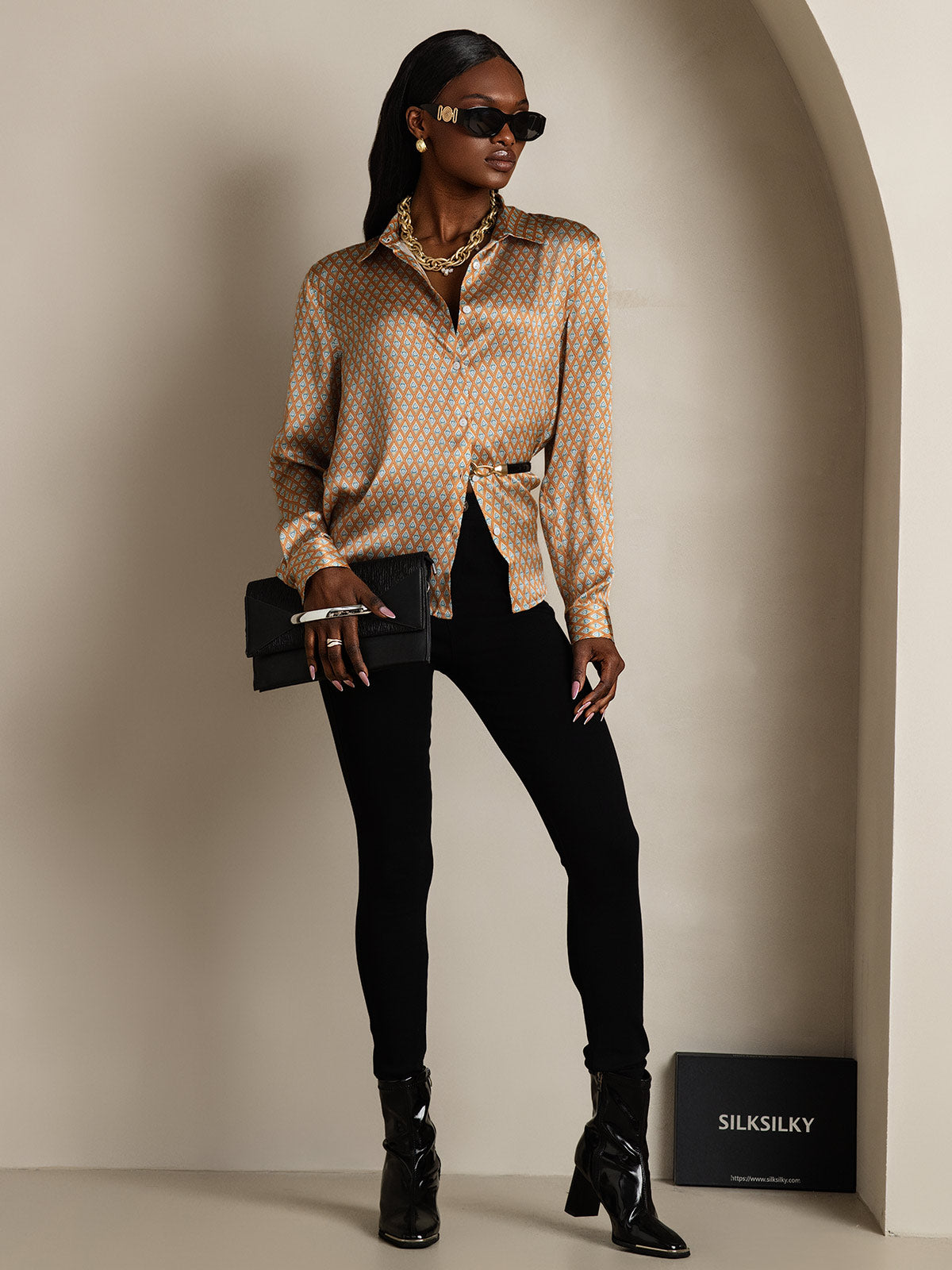 [Floral] SilkSilky-IT Manica lunga Colletto risvolto Camicie da donna 007