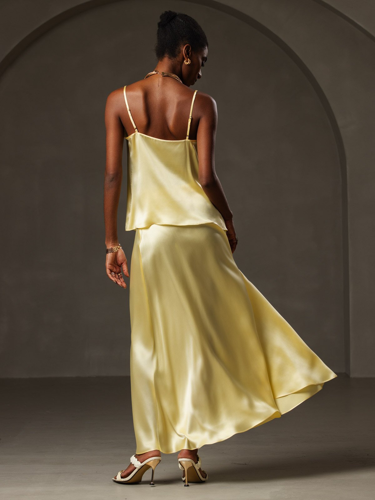 [Giallo] SilkSilky-IT 19Momme Tirantes Finos Collo drappeggiato Cami 002