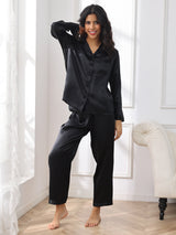 [Nero] SilkSilky-IT Long Sleeve Lapel Collar Pigiami da donna 005