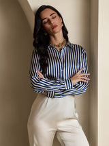 [Righe Navy] SilkSilky-IT Long Sleeve Lapel Collar Camicie da donna 001