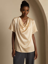[Champagne] SilkSilky-IT Short Sleeve Cowl Neck Bluse 001