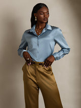 [Blu Grigiastro] SilkSilky-IT Long Sleeve Lapel Collar Camicie da donna 004