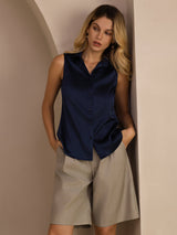 [Blu Scuro] SilkSilky-IT Sleeveless Lapel Collar Camicie da donna 006
