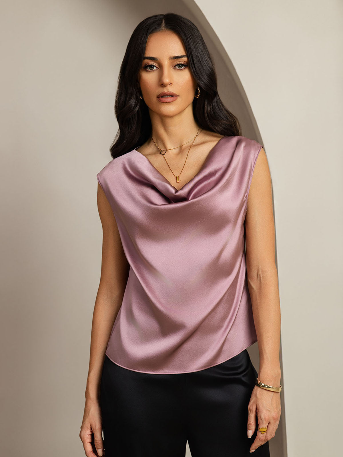 [Malva Pallido] SilkSilky-IT 19Momme Seta Collo drappeggiato Magliette donna 004