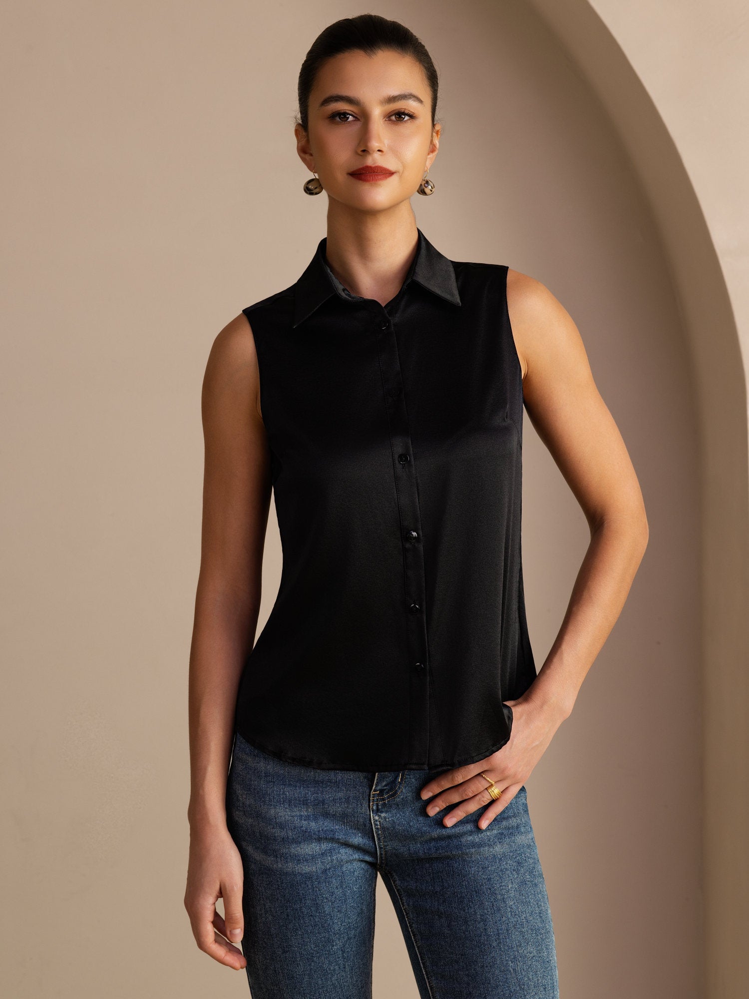 [Nero] SilkSilky-IT Sleeveless Lapel Collar Camicie da donna 001