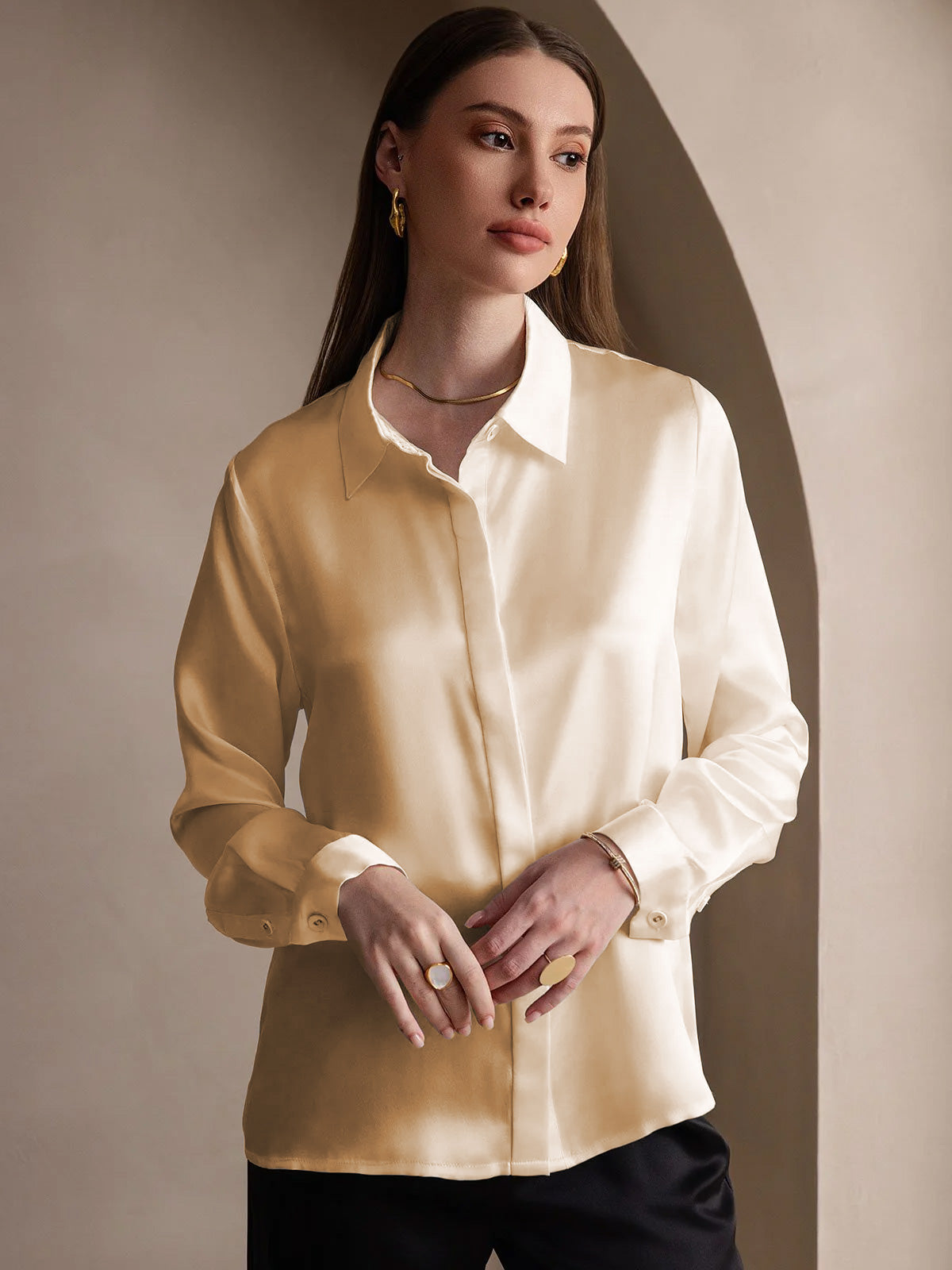[Champagne] SilkSilky-IT 19Momme Seta Lapel Collar Camicie da donna 005