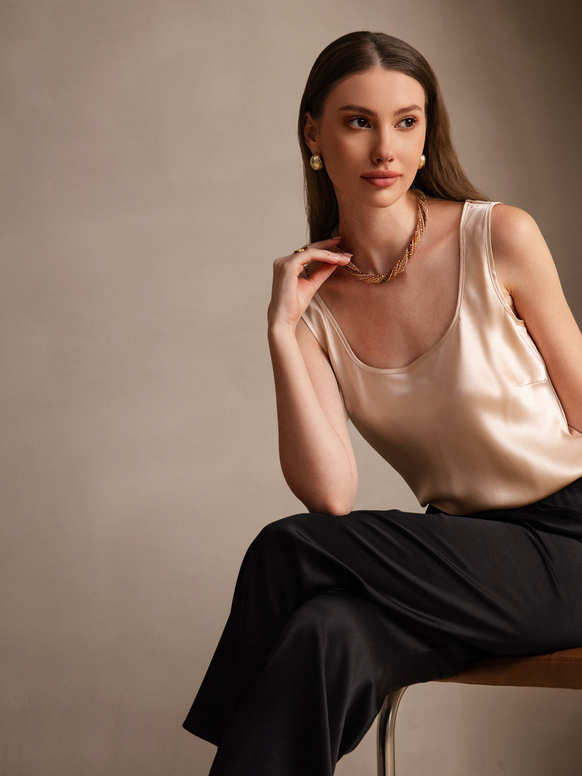 [Champagne] SilkSilky-IT 19Momme Senza maniche Scollo A Coppa Cami 004