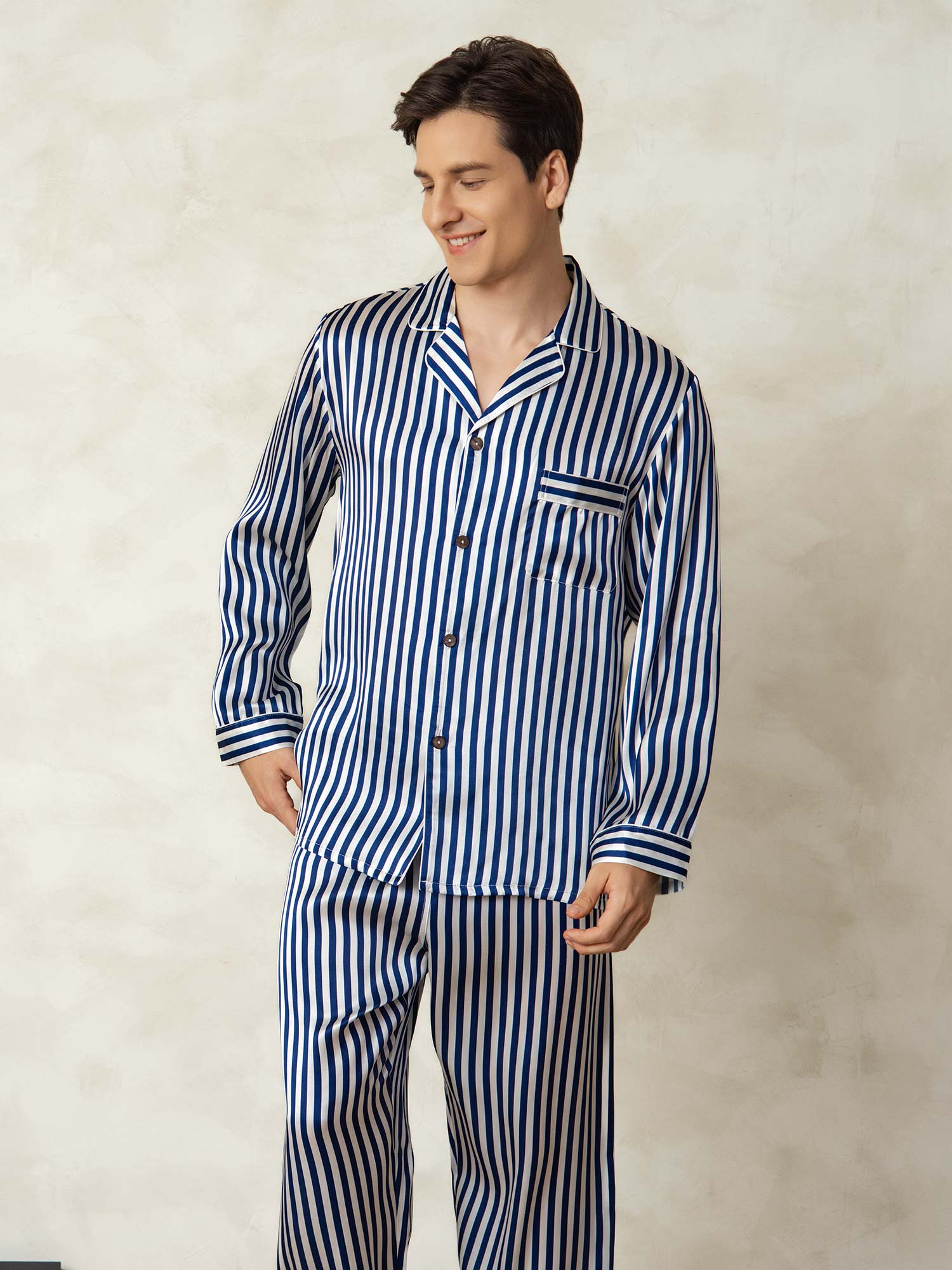 [Righe Navy] SilkSilky-IT 19Momme Seta pura Mens Pajamas 005
