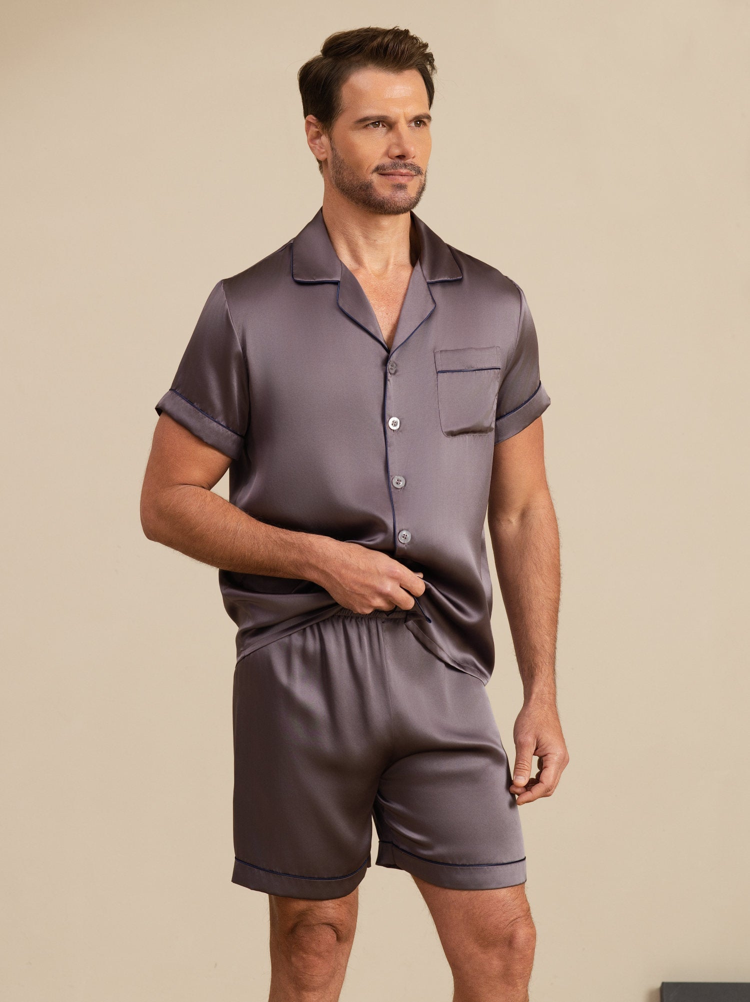 [Grigio Porpora] SilkSilky-IT Maniche Corte Collo a Taglio Pigiami da uomo 006