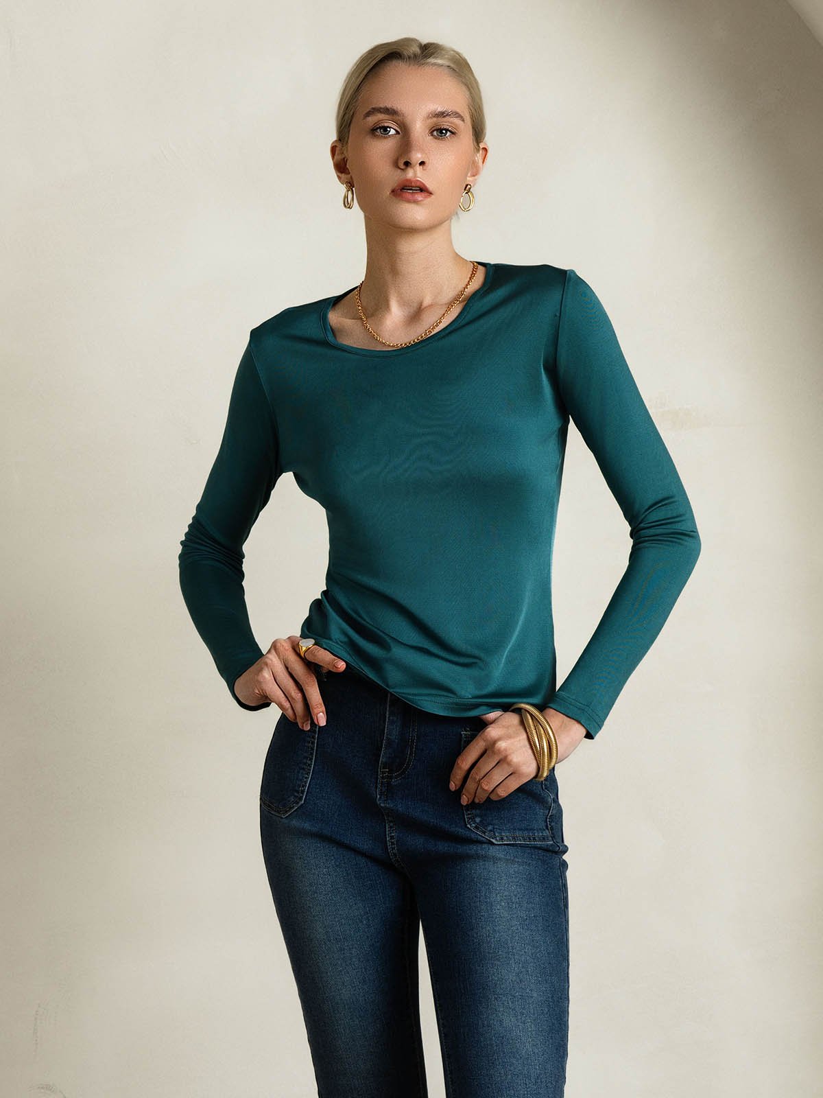 [Verde Posy] SilkSilky-IT Manica lunga Scollo rotondo Magliette donna 003