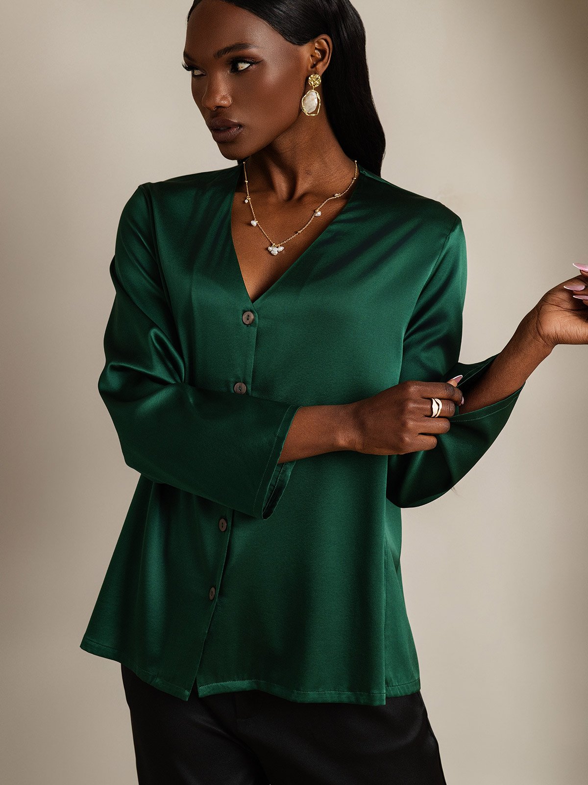 SilkSilky-IT 19Momme Seta Manica lunga Collo a V Camicie da donna VerdeScuro 003