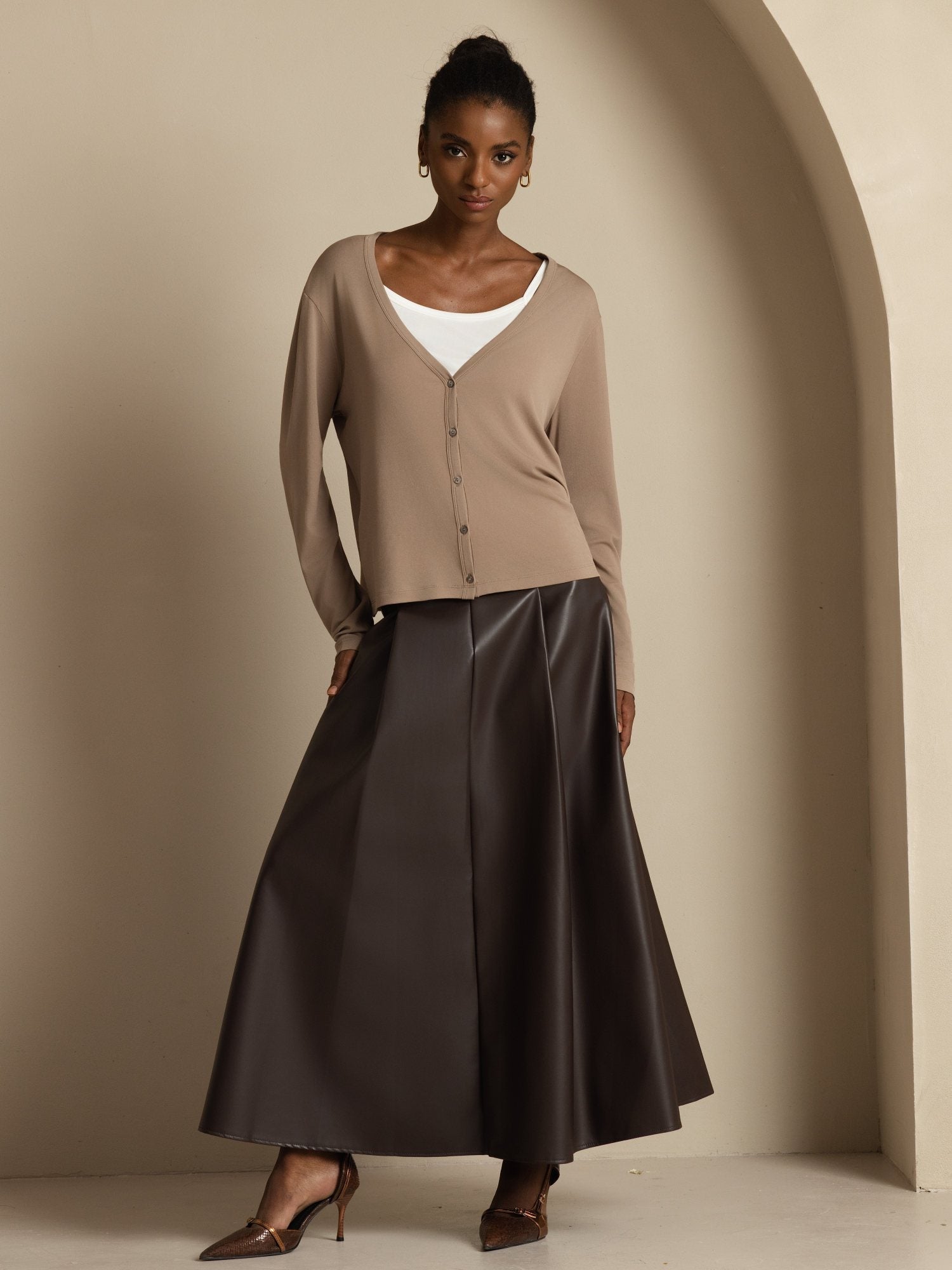 [MarroneChiaro] SilkSilky-IT 19Momme Seta Manica lunga Scollo a V Cardigan Donna 006