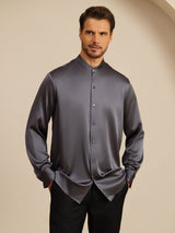 [Grigio Scuro] SilkSilky-IT Long Sleeve Stand Collar Camicia da uomo 001