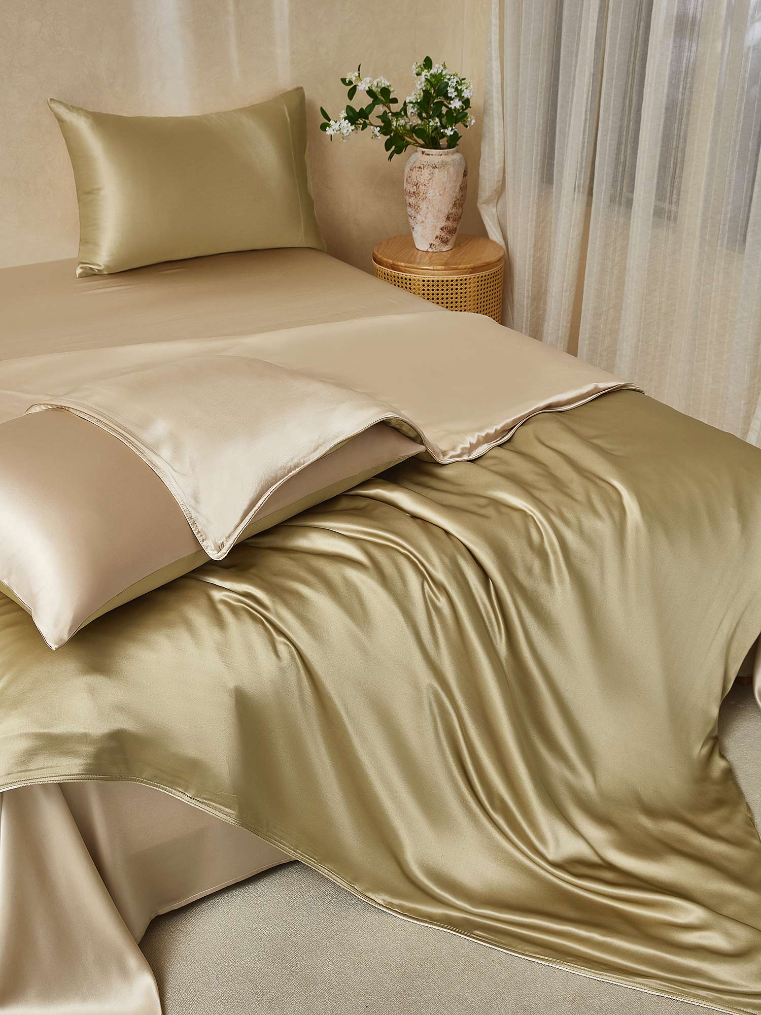 [Beige+Cachi] SilkSilky-IT 22Momme Seta pura Bedding Set 001,
