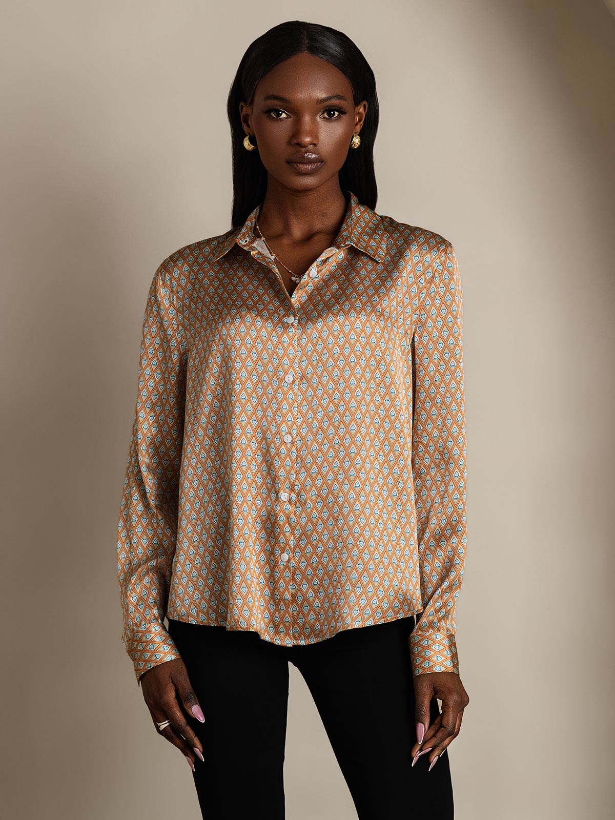 [Floral] SilkSilky-IT Manica lunga Colletto risvolto Camicie da donna 005