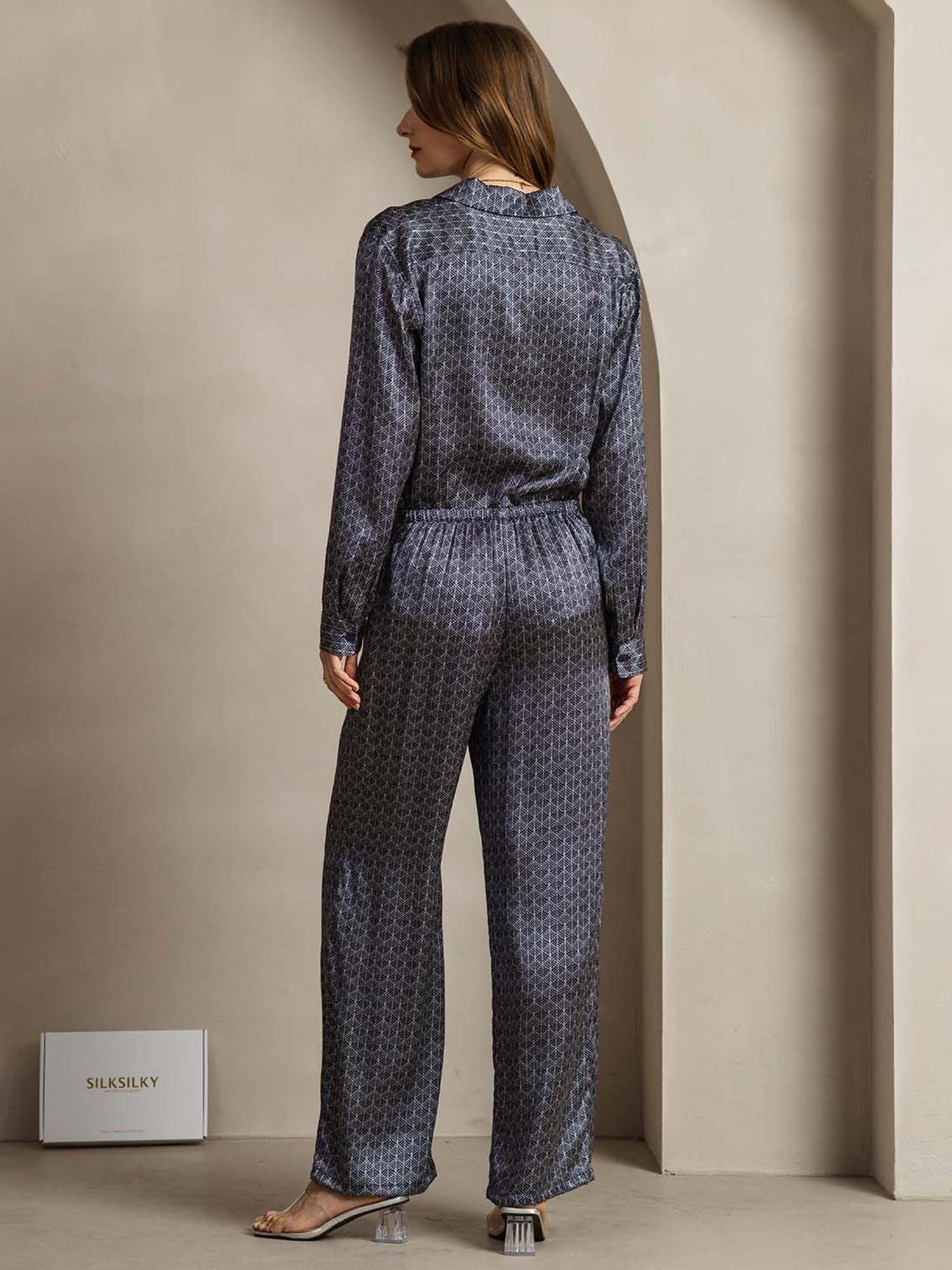 [GinkgoBluNavy] SilkSilky-IT 19Momme Seta Colletto risvolto Women''s Outfit Sets 002