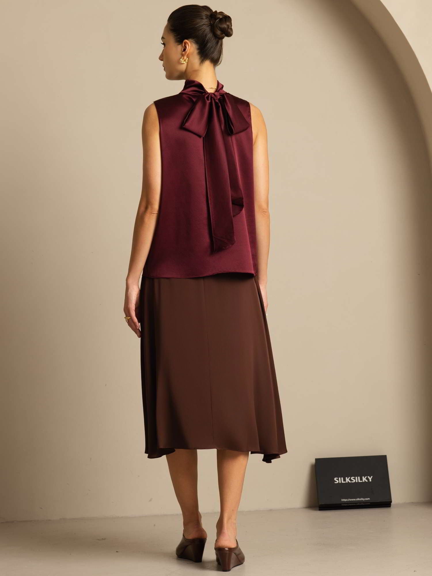 [Rosso Scuro] SilkSilky-IT 19Momme Senza maniche Collo con fiocco Camicette 011