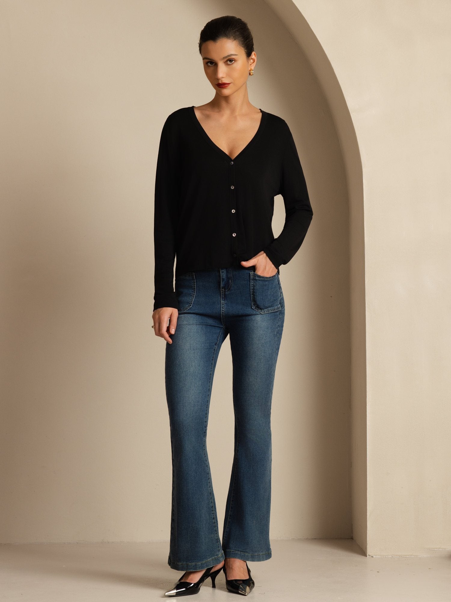 [Nero] SilkSilky-IT 19Momme Seta Manica lunga Scollo a V Cardigan Donna 006