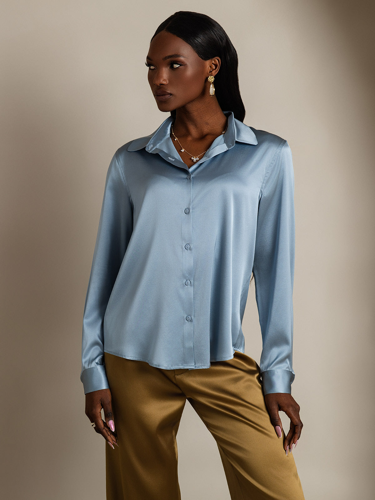 [Blu Grigiastro] SilkSilky-IT Seta Colletto risvolto Camicie da donna 001