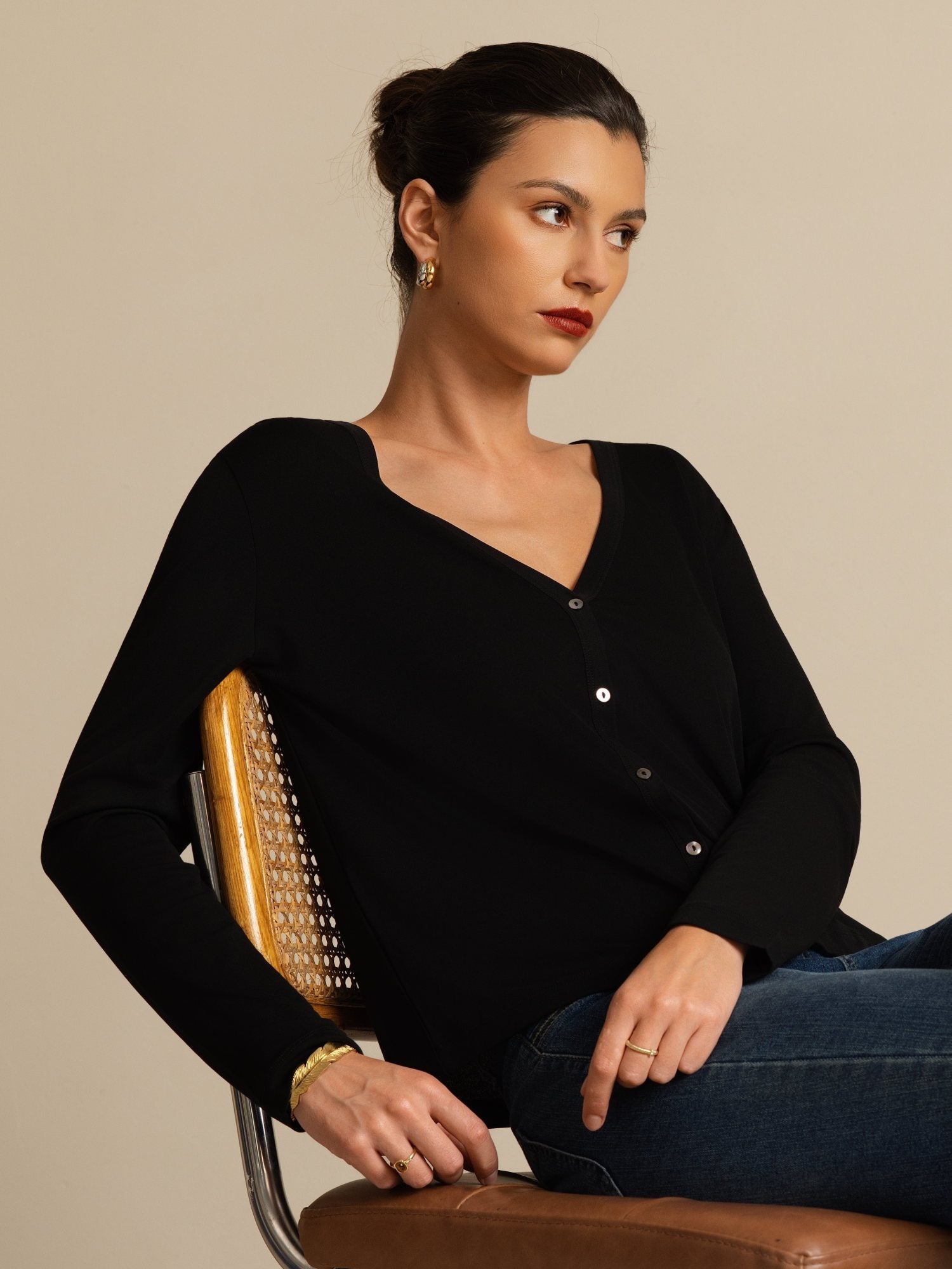 [Nero] SilkSilky-IT 19Momme Seta Manica lunga Scollo a V Cardigan Donna 004