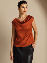 [Caramello] SilkSilky-IT Cap Sleeve Cowl Neck Magliette donna 005
