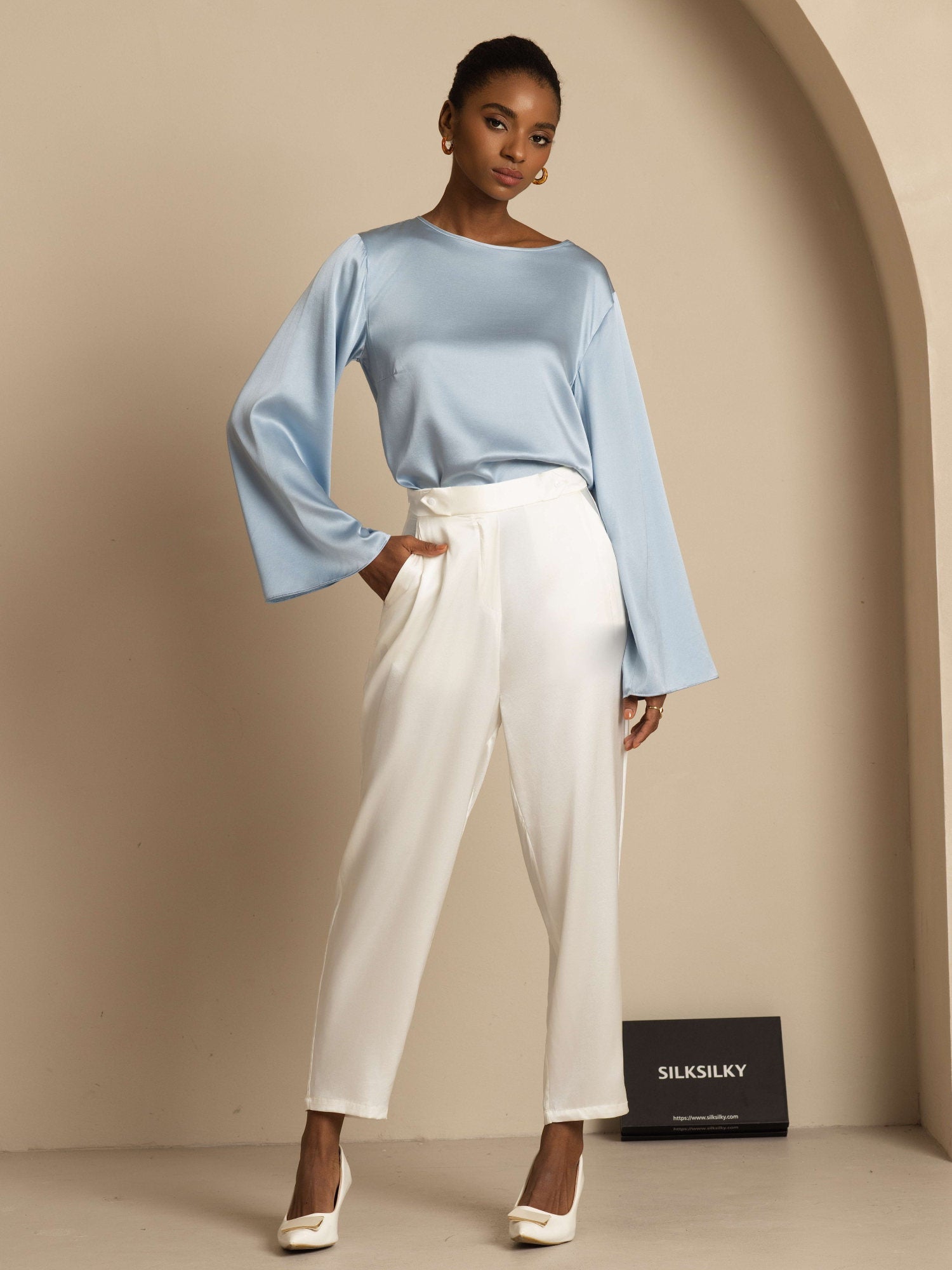 [Blu Grigiastro] SilkSilky-IT 19Momme Manica lunga Scollo barchetta Camicette 007