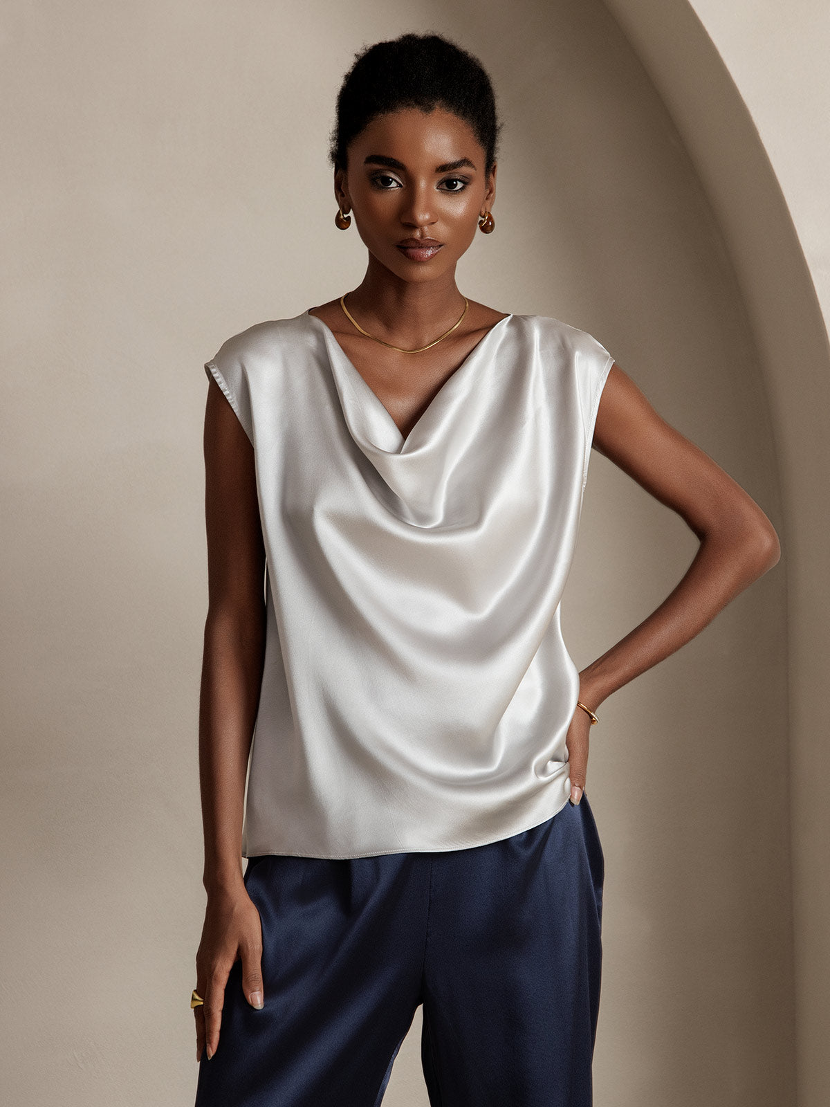 [Grigio Chiaro] SilkSilky-IT 19Momme Seta Senza maniche Collo drappeggiato Magliette donna 001