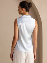 [Azzurro] SilkSilky-IT Sleeveless Lapel Collar Camicie da donna 002