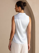 [Azzurro] SilkSilky-IT Sleeveless Lapel Collar Camicie da donna 002
