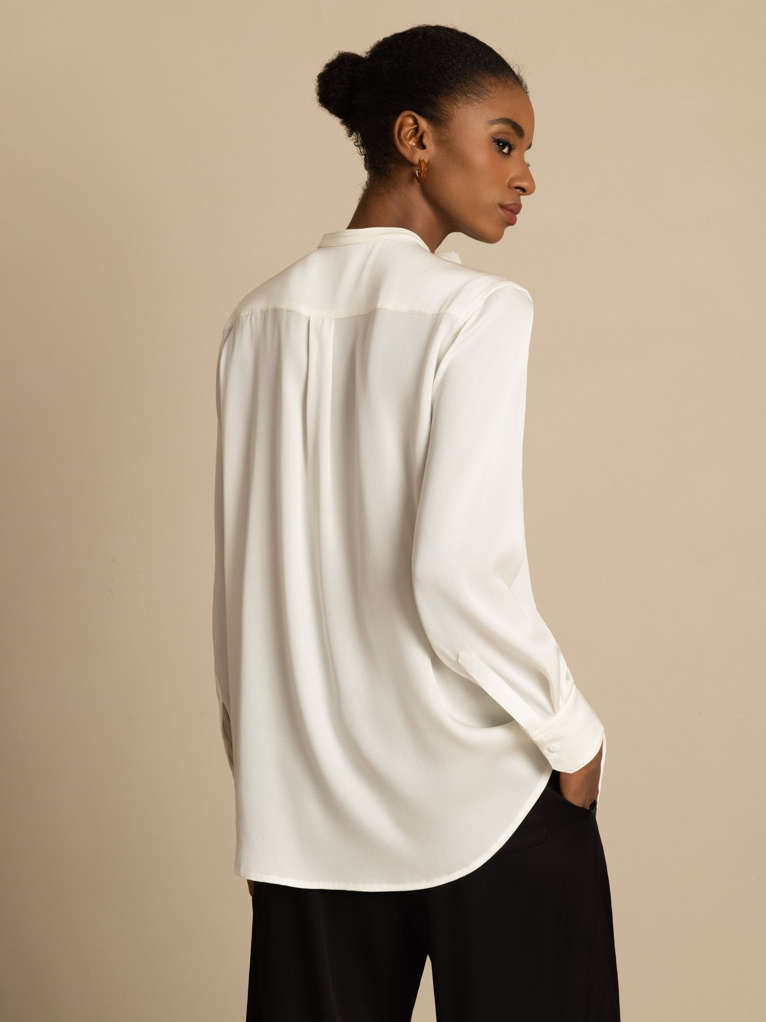 [Bianco] SilkSilky-IT 19Momme Seta Manica lunga Collo Alto Camicette 002