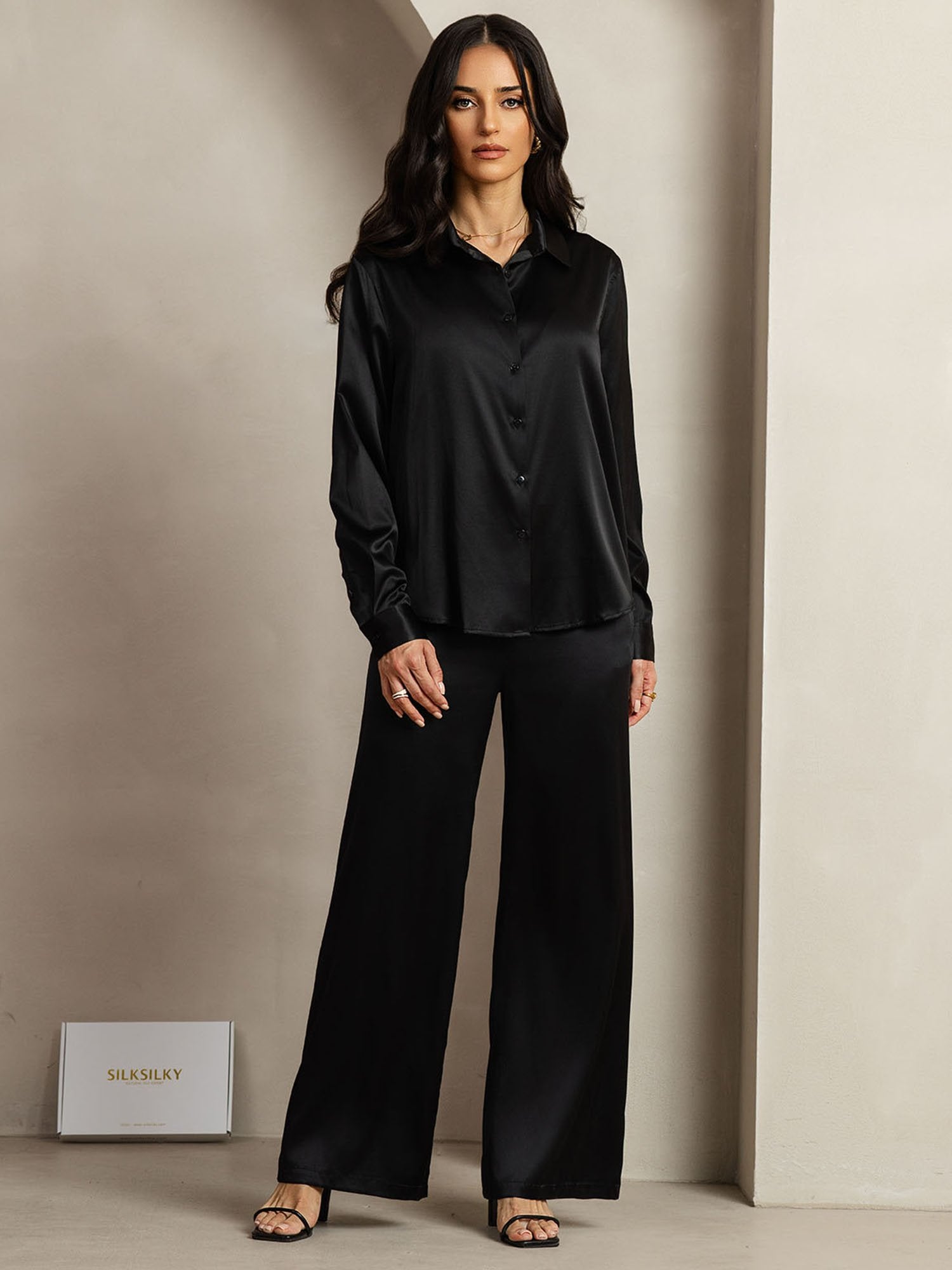 [Nero] SilkSilky-IT 19Momme Seta Colletto risvolto Women''s Outfit Sets 003