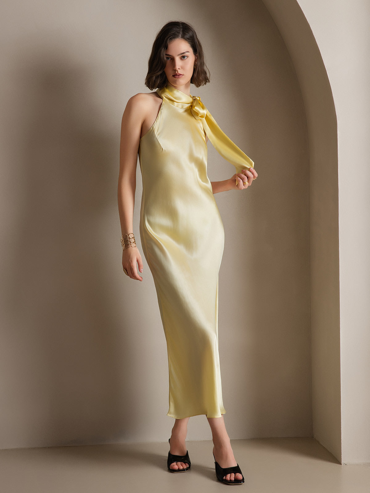 SilkSilky-IT 19Momme Seta Senza maniche Nodo al collo Vestiti da donna GialloChiaro 004