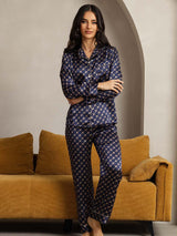 [Catena Blu Navy] SilkSilky-IT Long Sleeve Lapel Collar Pigiami da donna 005