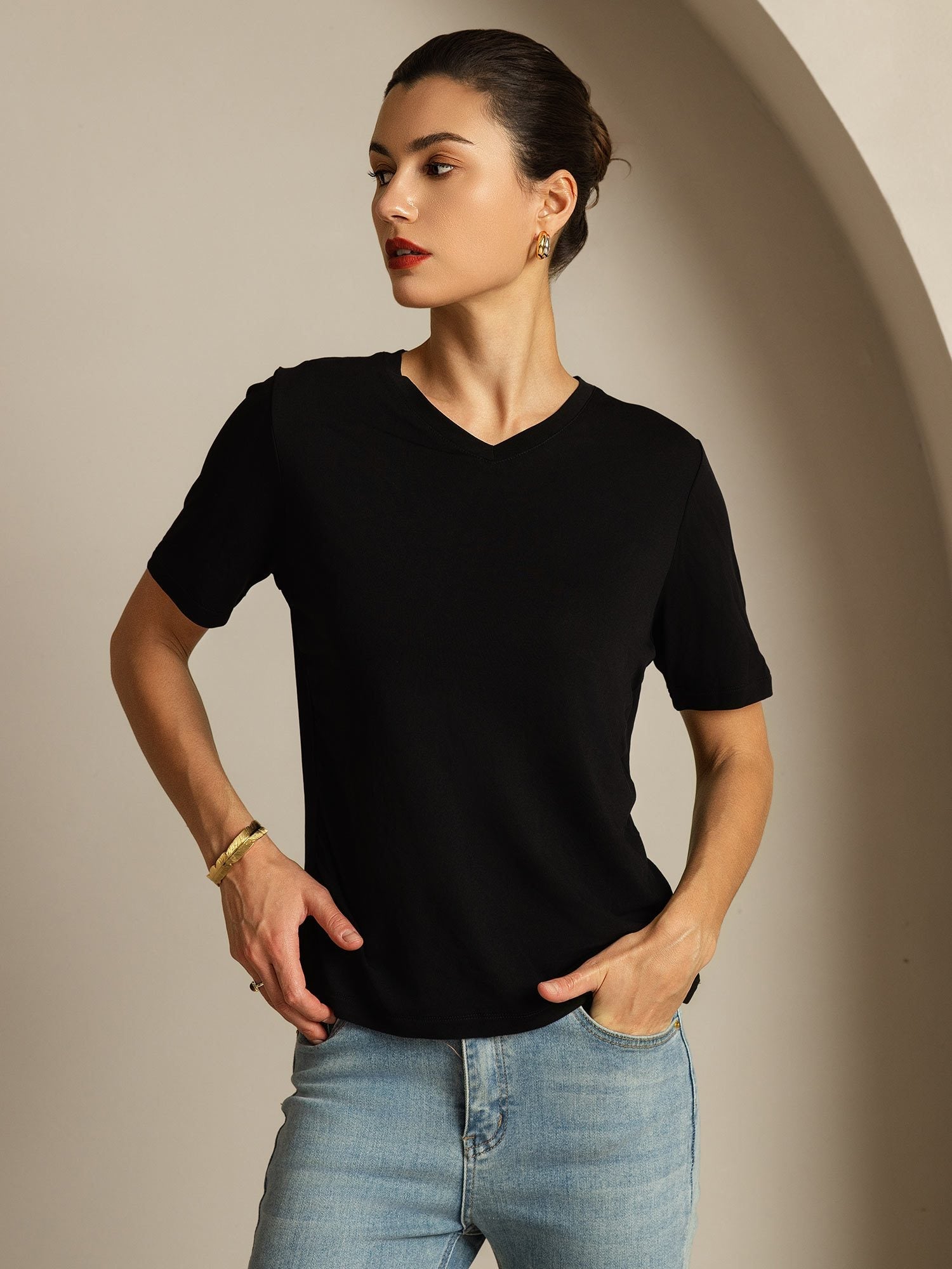 [Nero] SilkSilky-IT Seta pura Womens T-Shirt 006,
