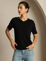 [Nero] SilkSilky-IT Maniche Corte Scollo a V Magliette donna 006