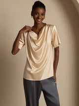 [Champagne] SilkSilky-IT Short Sleeve Cowl Neck Bluse 003